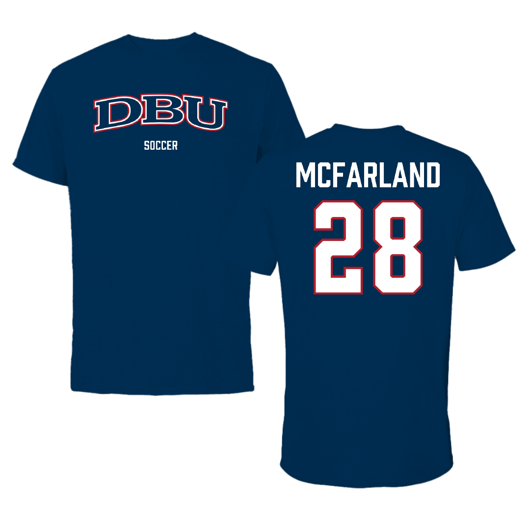 Dallas Baptist University Soccer (M) Navy Tee - #28 Riley McFarland