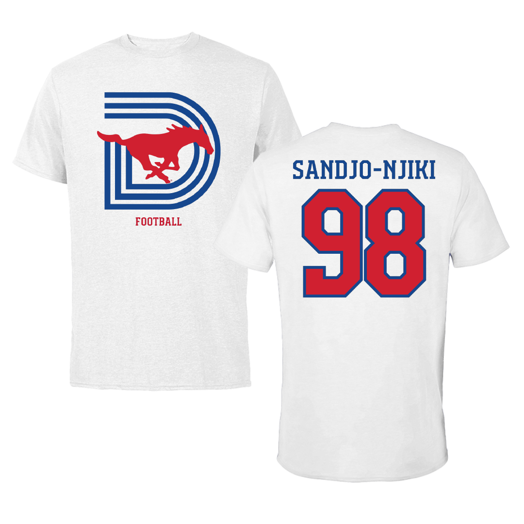 Southern Methodist University Football White Tee - #98 Mike Sandjo-Njiki