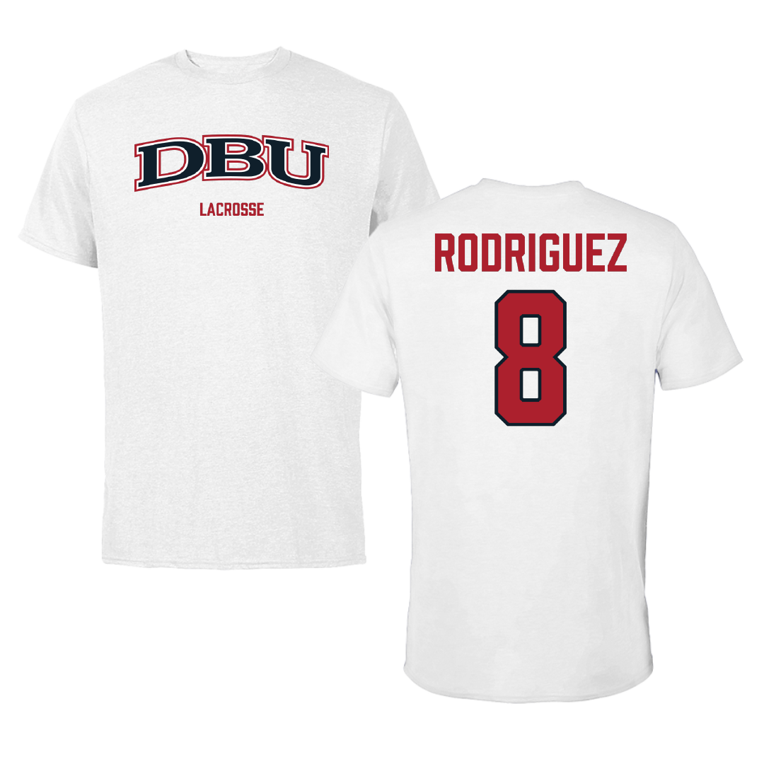 Dallas Baptist University Lacrosse (M) White Performance Tee - #8 Brandon Rodriguez