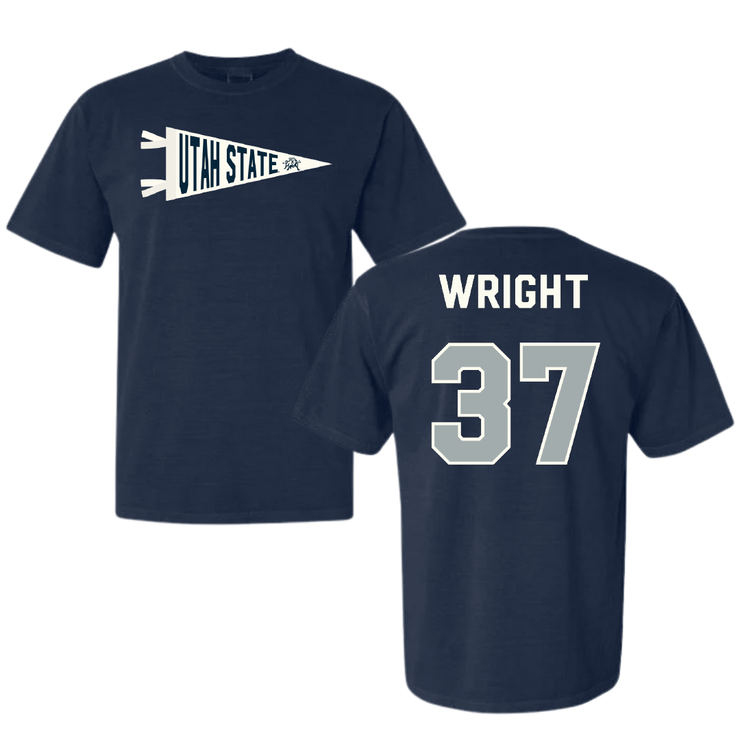 Utah State University Football Navy Pennant Comfort Colors Tee - #37 Jaeden Wright
