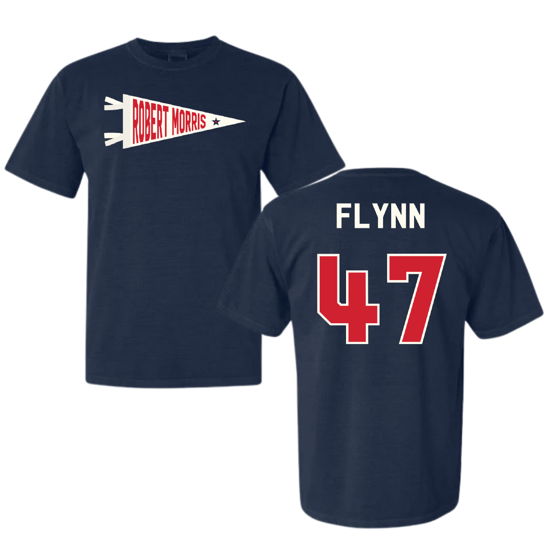 Robert Morris University Football Navy Pennant Comfort Colors Tee - #47 Mack Flynn