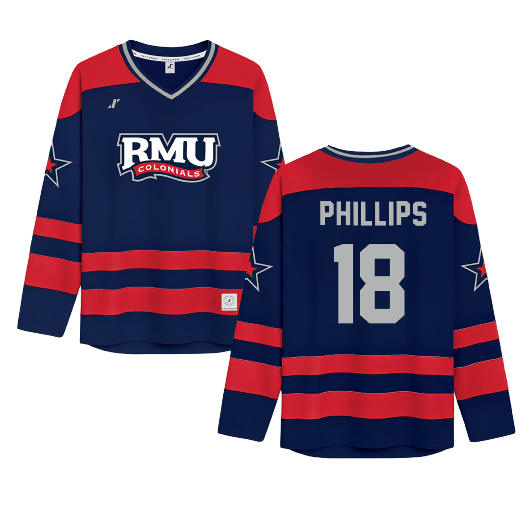 Robert Morris University Navy Hockey Jersey - #18 Jersey Phillips