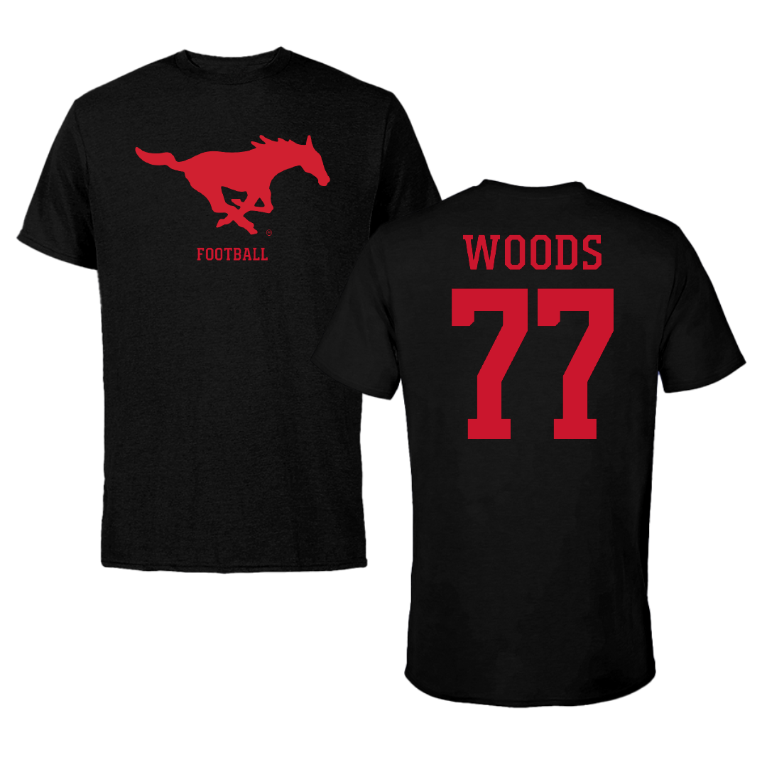 Southern Methodist University Football Black Tee - #77 Alex Woods