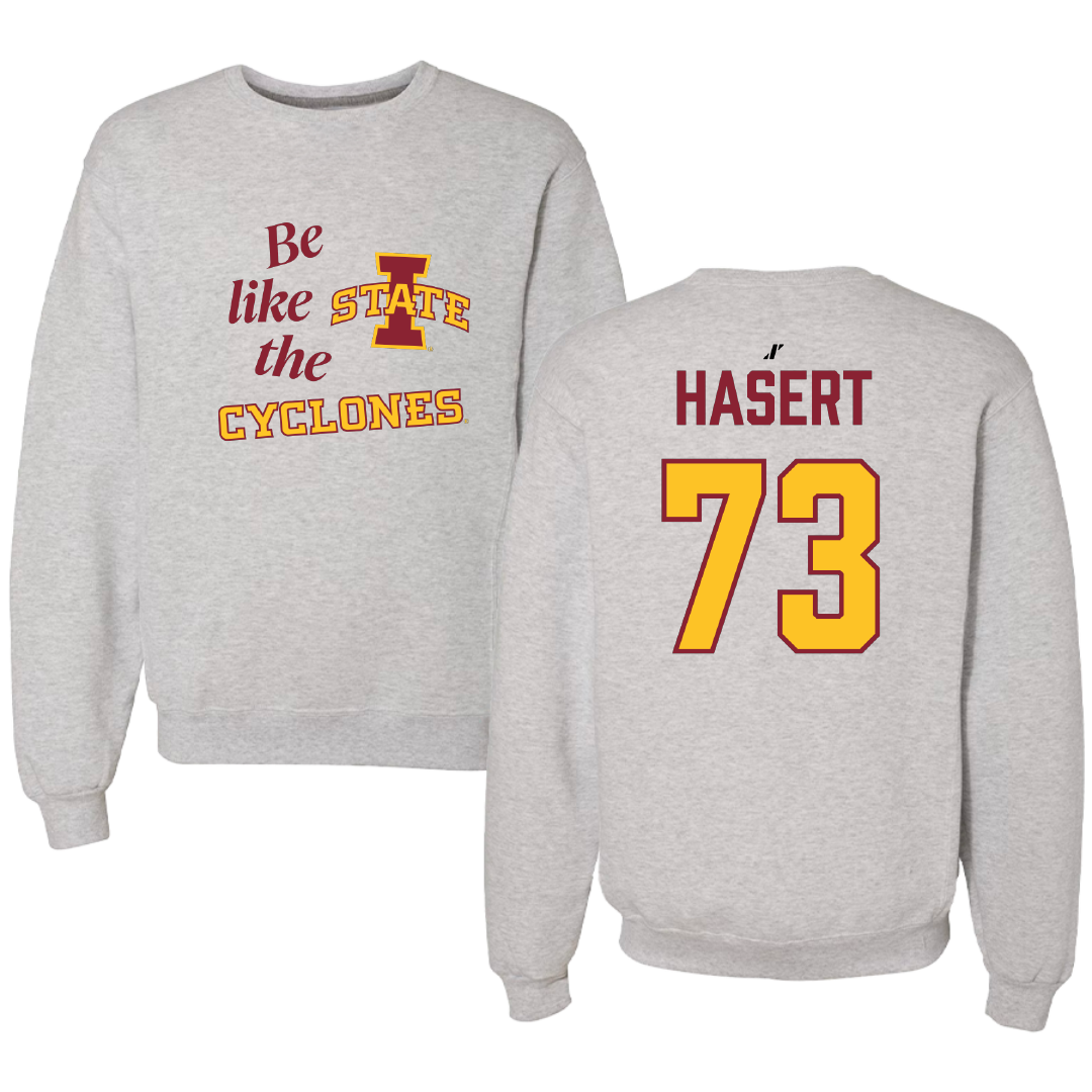 Iowa State University Football Light Gray Be Like Us Crewneck - #73 Deylin Hasert