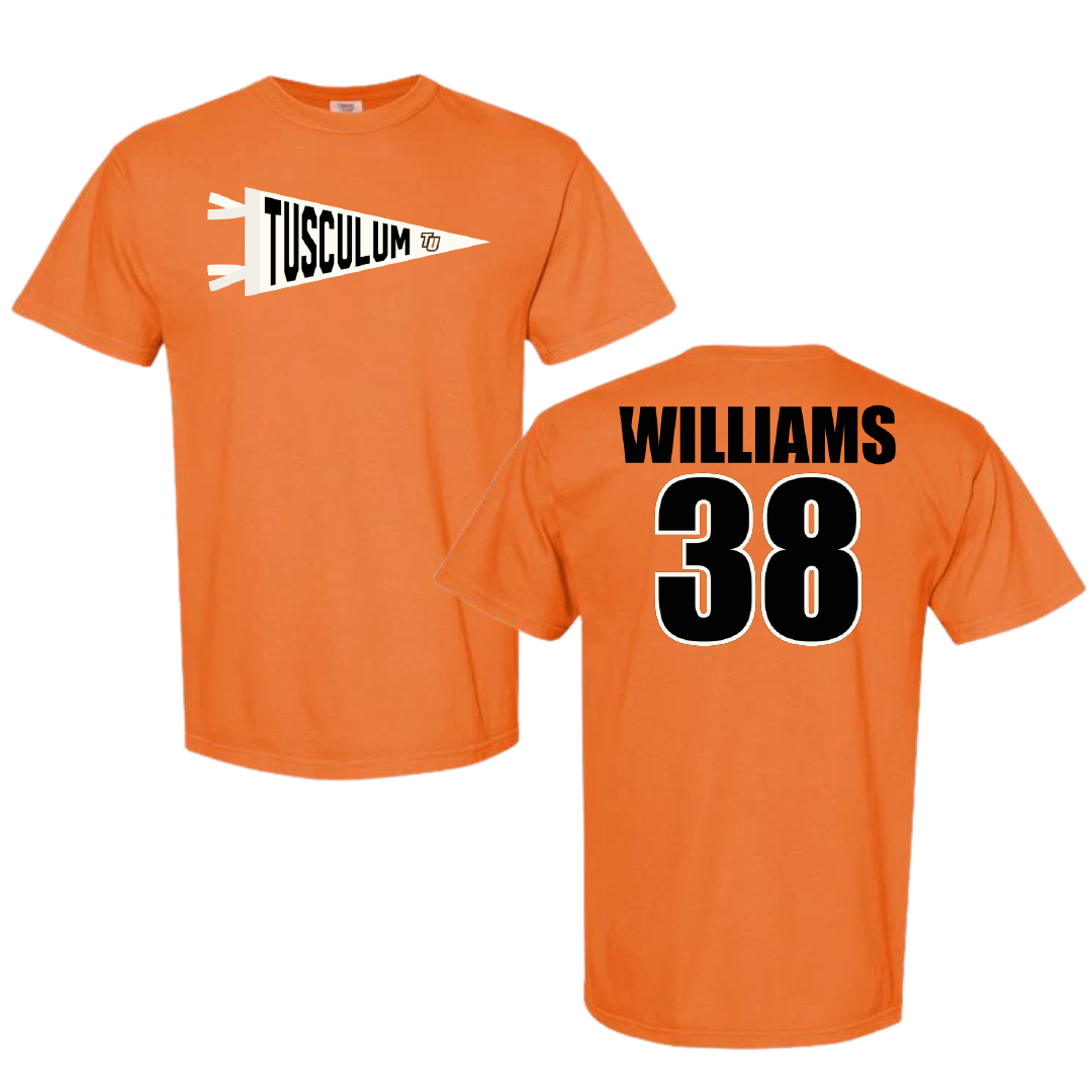Tusculum University Football Orange Pennant Comfort Colors Tee - #38 Jeremiah Williams