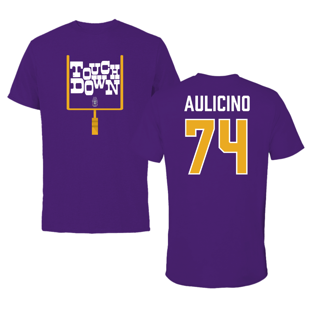 University at Albany Football Purple Touchdown Performance Tee - #74 Matt Aulicino