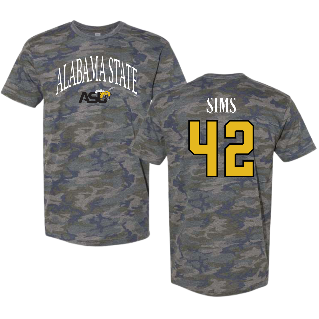 Alabama State University Football Vintage Camo Tee - #42 Tashaun Sims