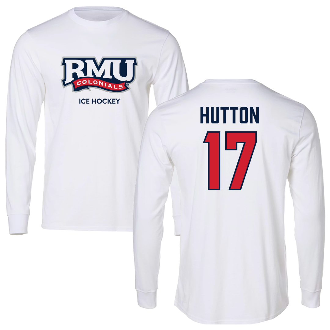 Robert Morris University Ice Hockey (M) White Performance Long Sleeve - #17 Matt Hutton