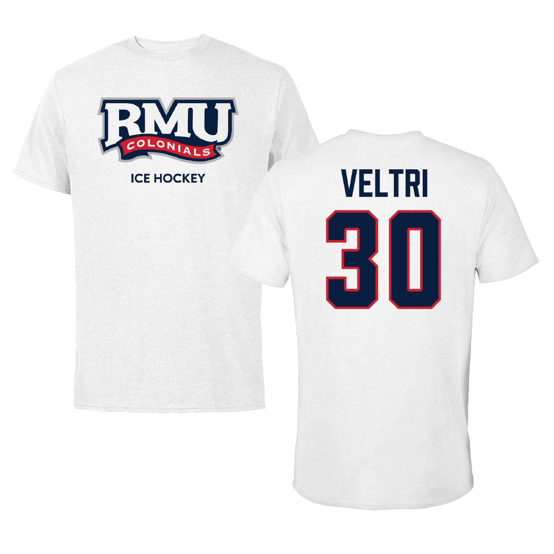 Robert Morris University Ice Hockey (M) White Performance Tee - #30 Chad Veltri