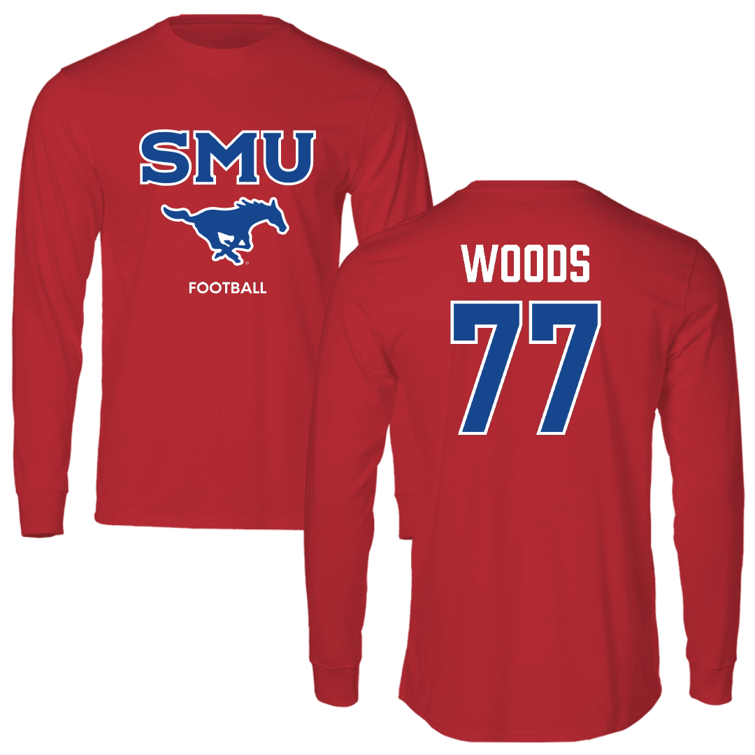 Southern Methodist University Football Red Performance Long Sleeve - #77 Alex Woods