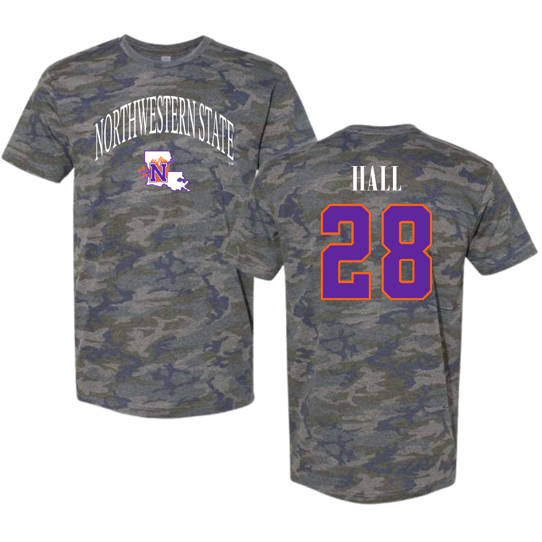 Northwestern State University Football Vintage Camo Tee - #28 Antonio Hall