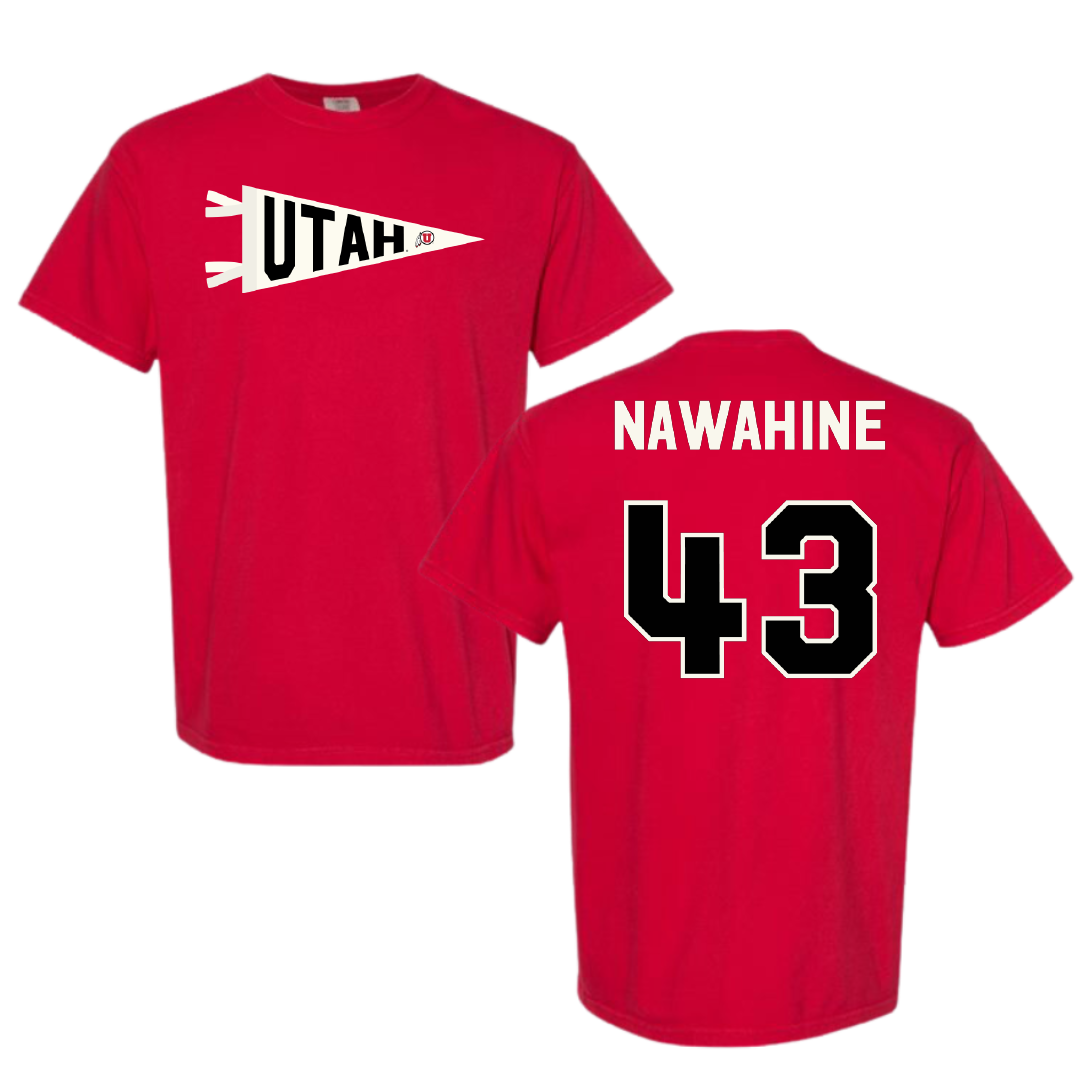 University of Utah Football Red Pennant Comfort Colors Tee - #43 Gavin Nawahine