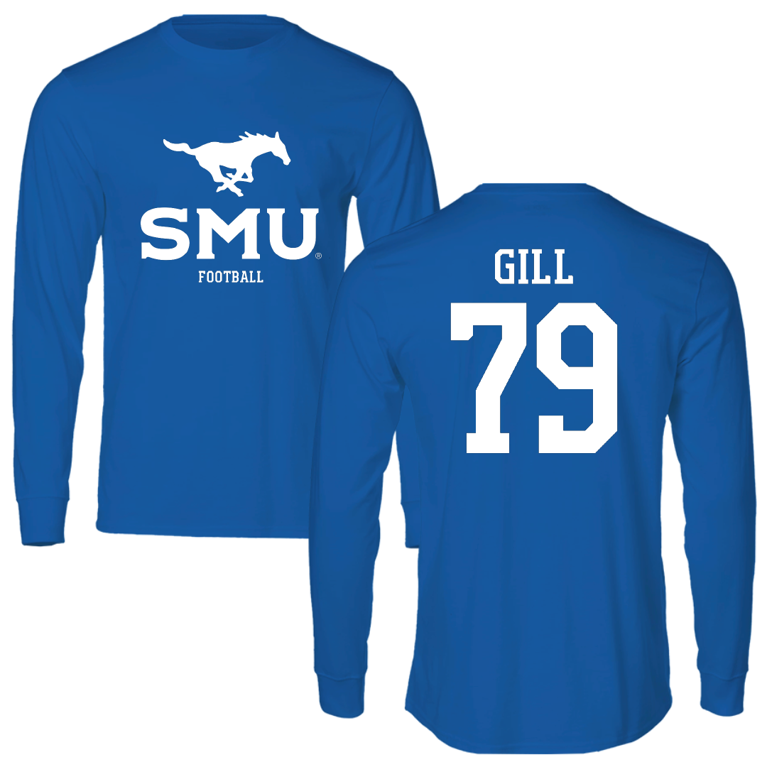 Southern Methodist University Football Blue Mascot Long Sleeve - #79 Reagan Gill
