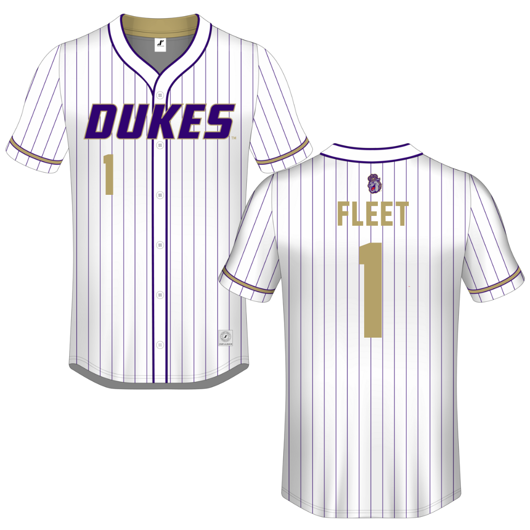 James Madison University White Pinstripe Button-Down Jersey - #1 Kirsten Fleet