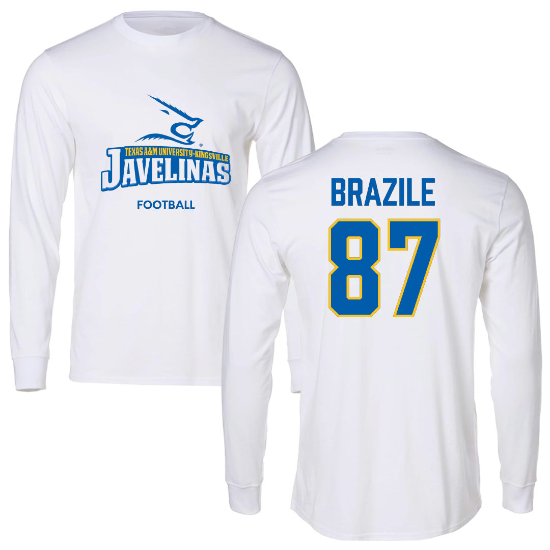 Texas A&M University-Kingsville Football White Performance Long Sleeve - #87 Vance Brazile