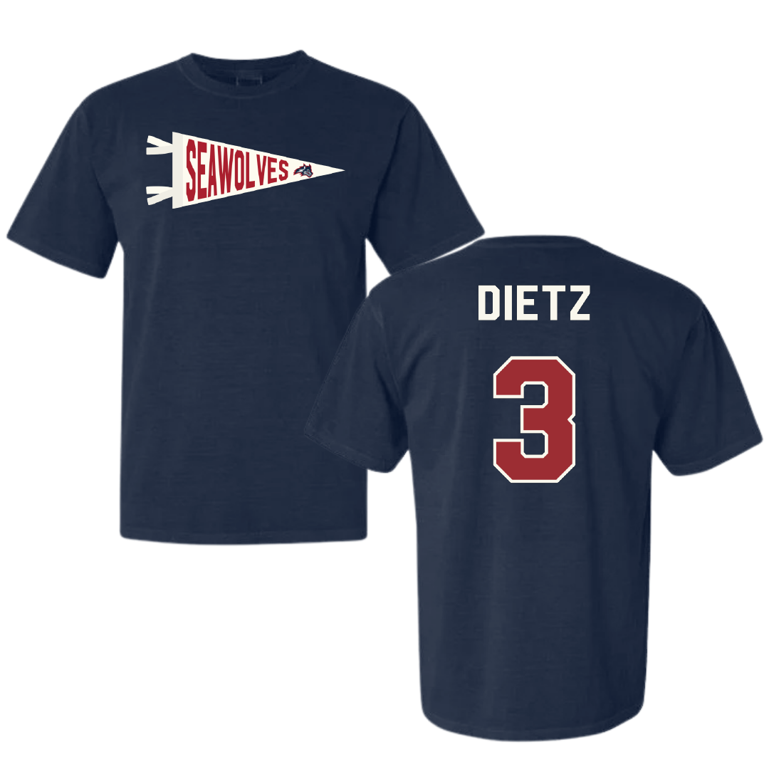 Stony Brook University Football Navy Pennant Comfort Colors Tee - #3 Marqeese Dietz