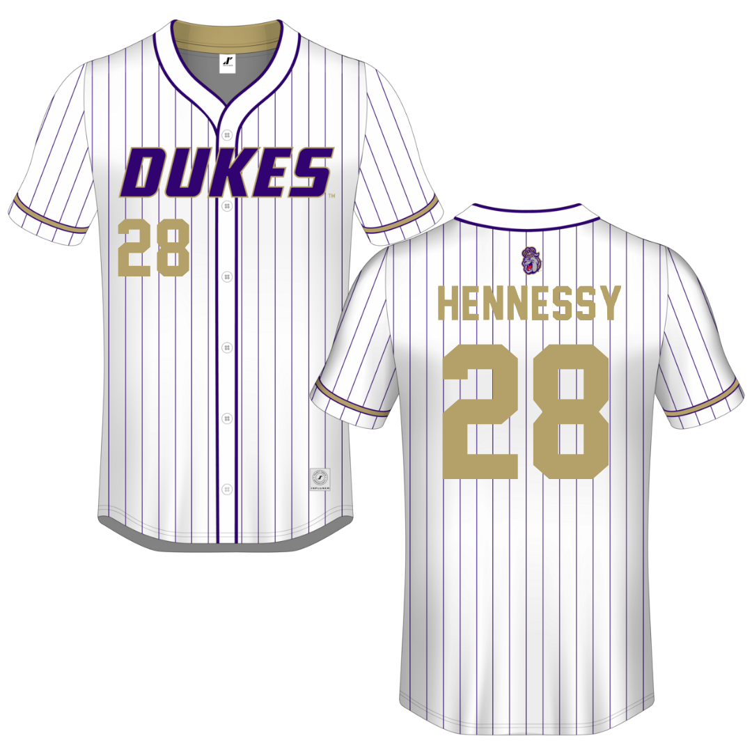 James Madison University White Pinstripe Button-Down Jersey - #28 Hannah Hennessy