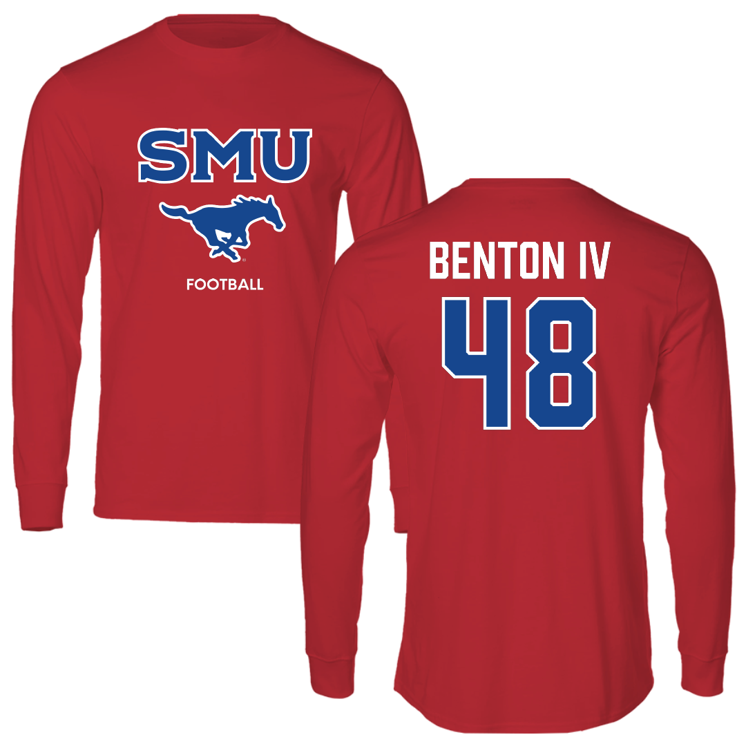 Southern Methodist University Football Red Performance Long Sleeve - #48 Will Benton IV