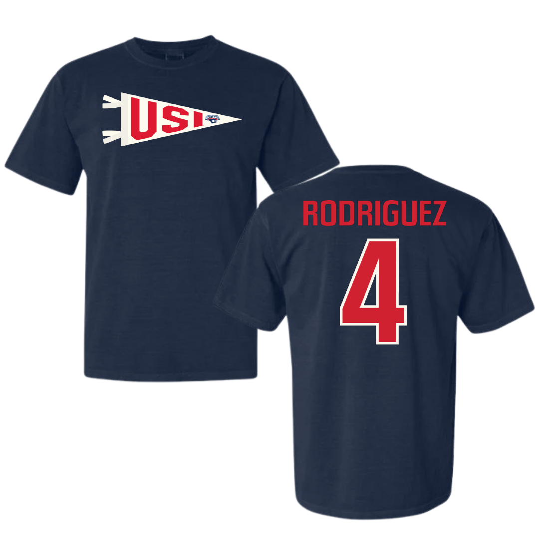 University of Southern Indiana Soccer Navy Pennant Comfort Colors Tee - #4 Diego Rodriguez
