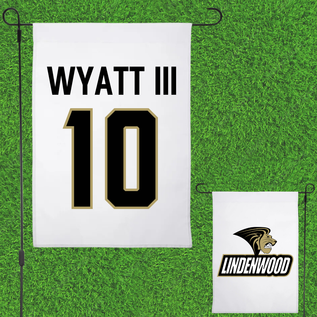 Lindenwood University Football White Garden Flag - #10 Jacques Wyatt III