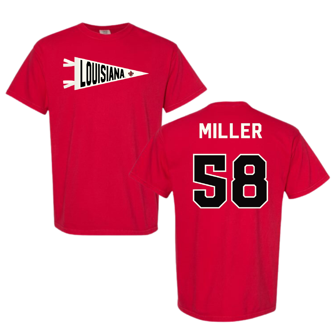 University of Louisiana at Lafayette Football Red Pennant Comfort Colors Tee - #58 Grant Miller