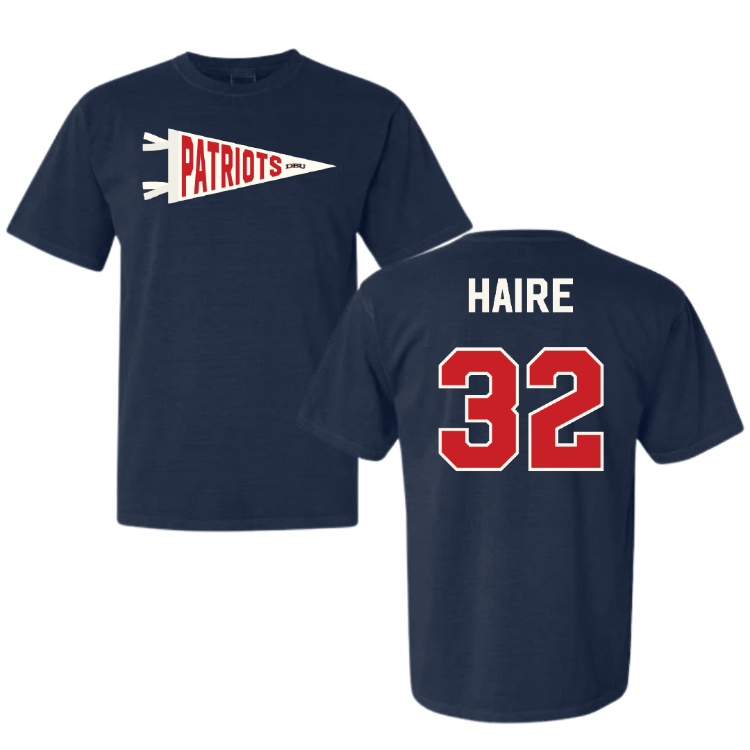 Dallas Baptist University Basketball Navy Pennant Comfort Colors Tee - #32 Justin Haire
