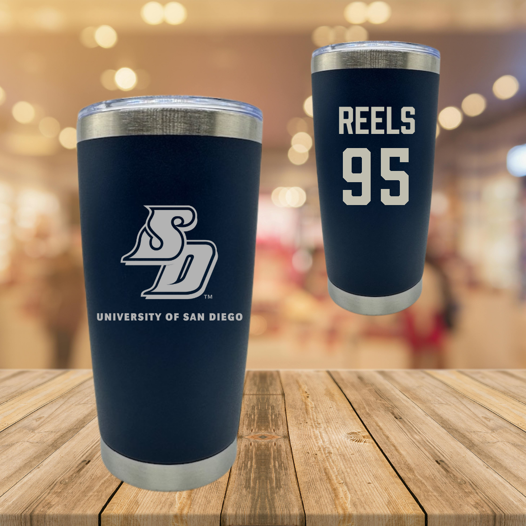 University of San Diego Football Navy Stainless Steel Tumbler - #95 Jae’Von Reels