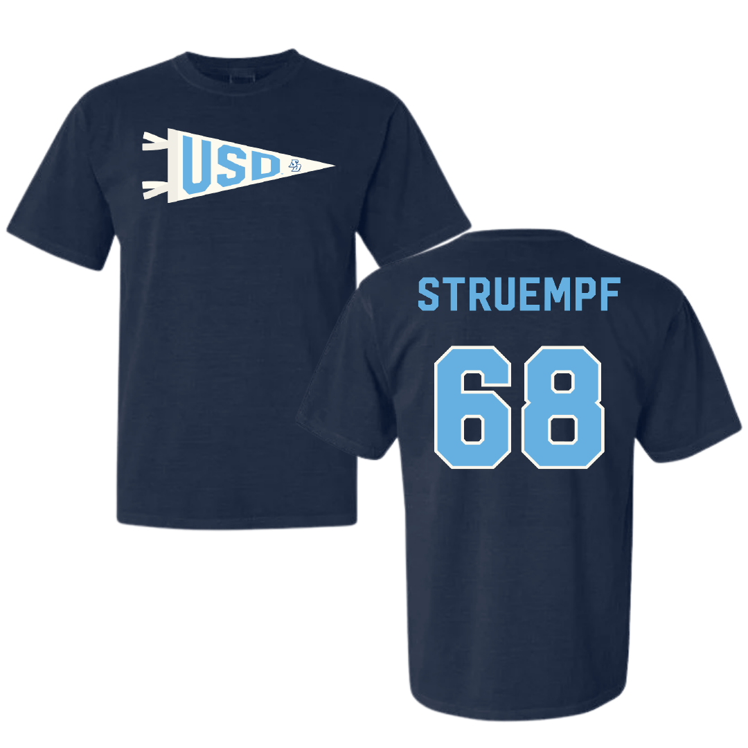 University of San Diego Football Navy Pennant Comfort Colors Tee - #68 Nick Struempf