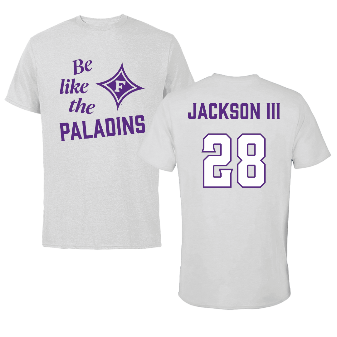 Furman University Football Light Gray Be Like Us Tee - #28 Eddie Jackson III