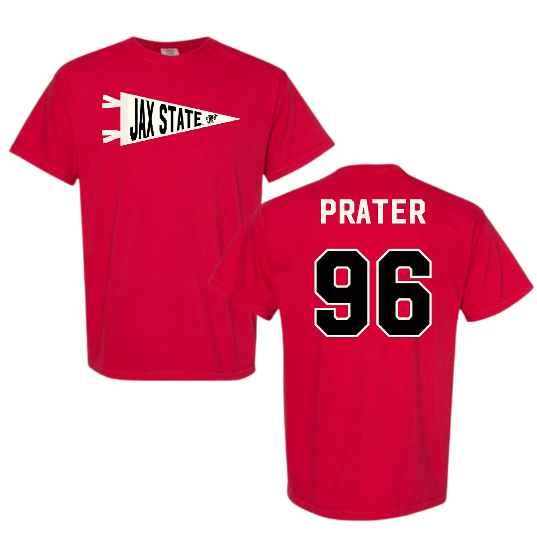 Jacksonville State University Football Red Pennant Comfort Colors Tee - #96 Darrell Prater