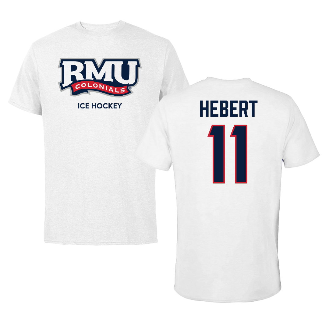 Robert Morris University Ice Hockey (M) White Performance Tee - #11 Cameron Hebert