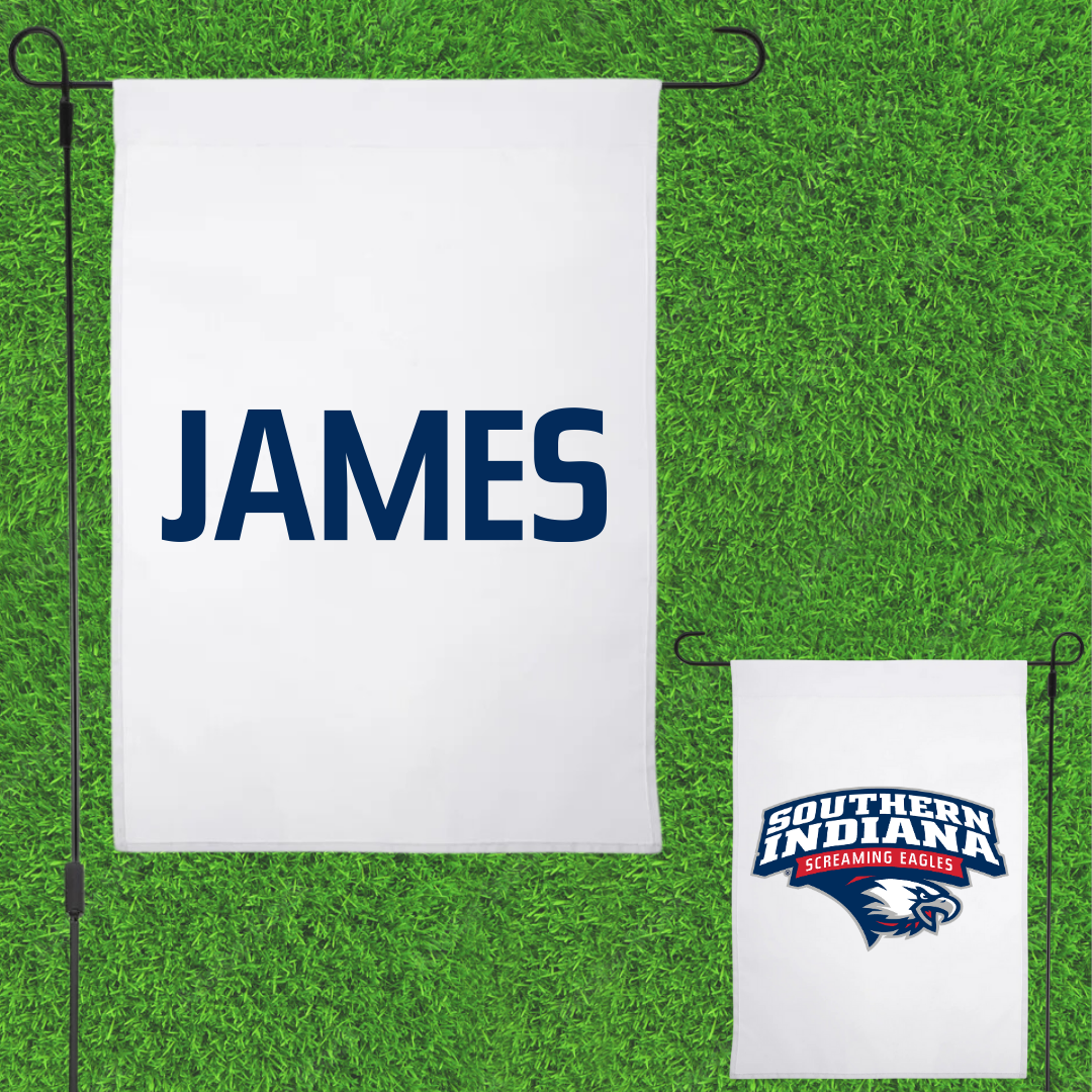 University of Southern Indiana Swimming & Diving White Garden Flag - Cameron James