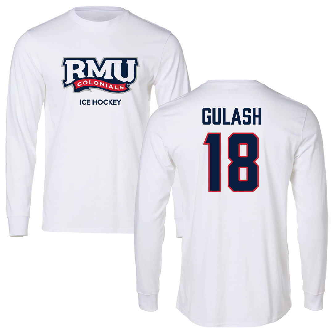 Robert Morris University Ice Hockey (M) White Mascot Performance Long Sleeve - #18 Gavin Gulash