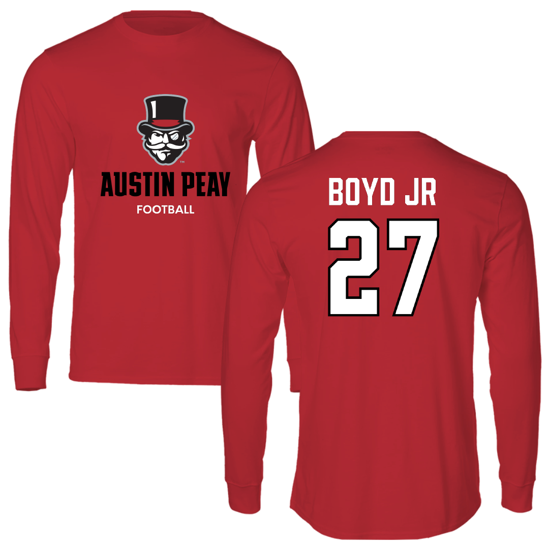 Austin Peay State University Football Red Mascot Performance Long Sleeve - #27 Tetoe Boyd Jr