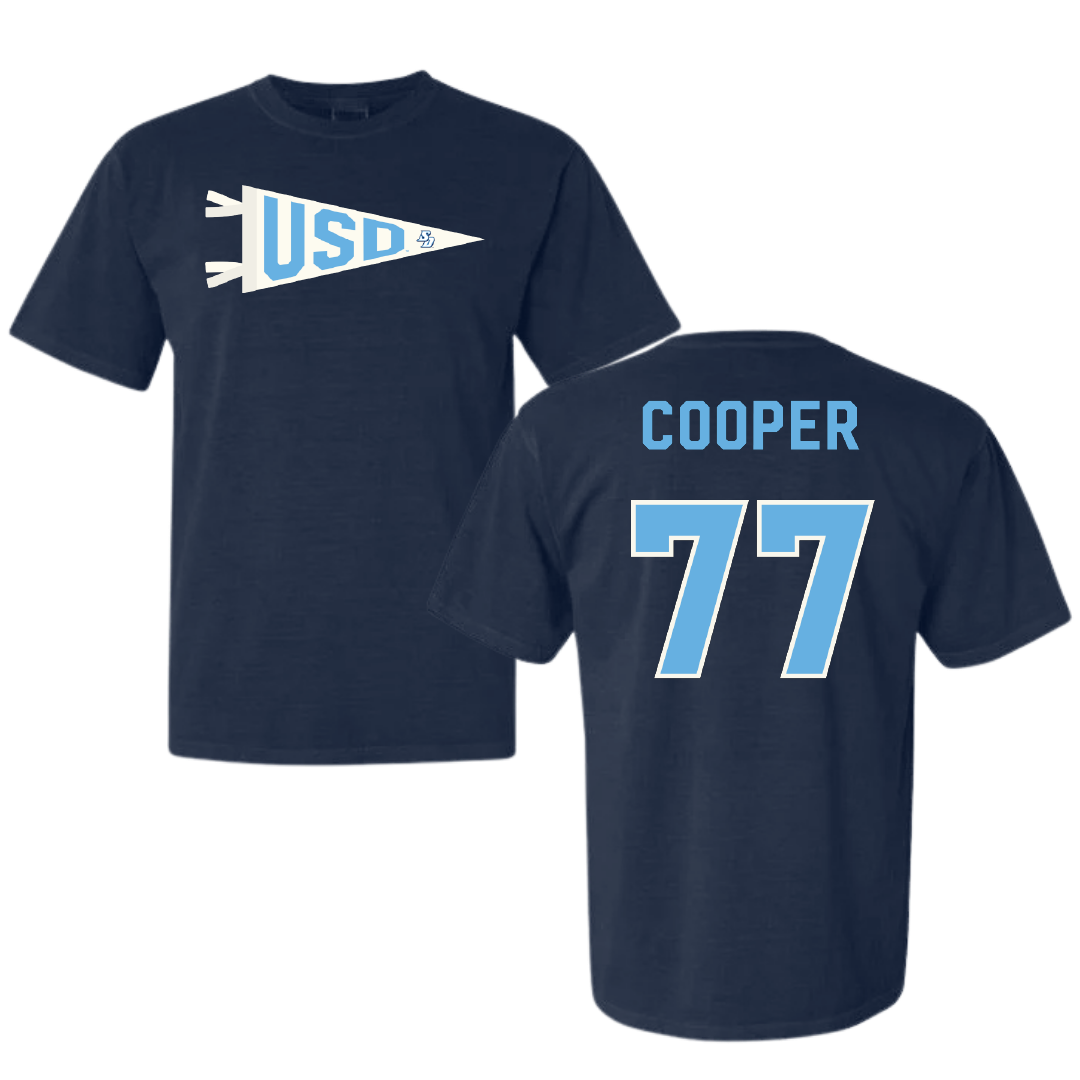 University of San Diego Football Navy Pennant Comfort Colors Tee - #77 Malachi Cooper