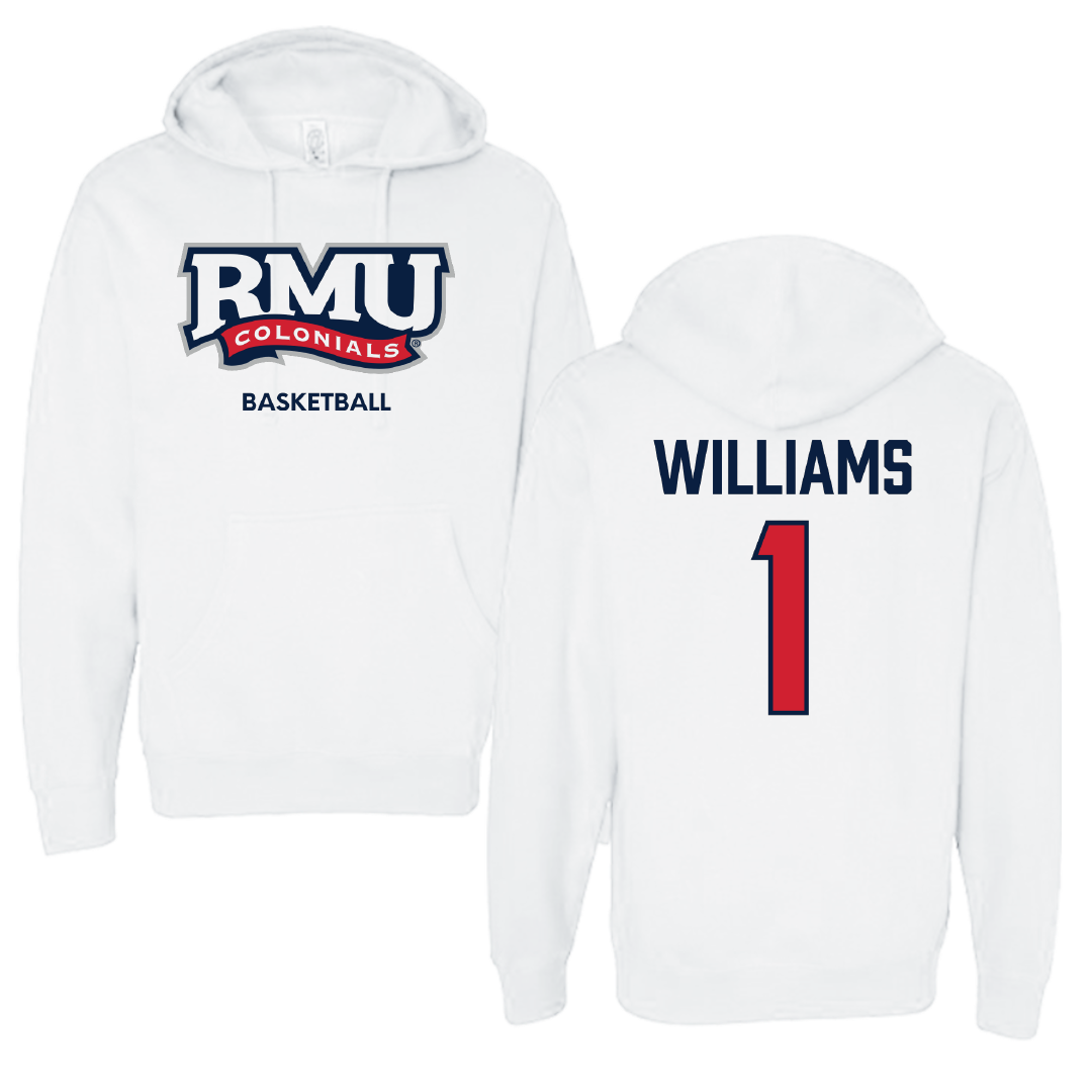 Robert Morris University Basketball (M) White Colonials Hoodie - #1 Justice Williams