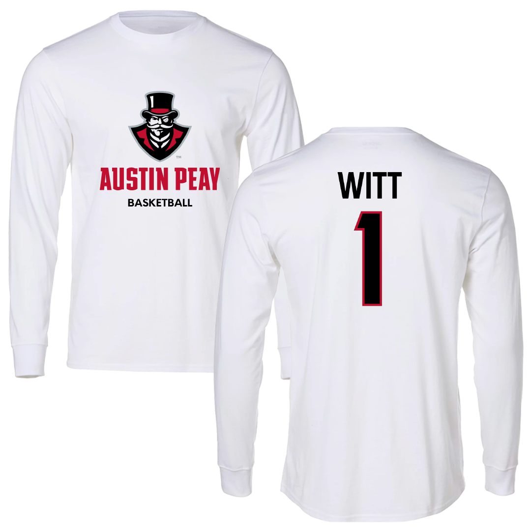 Austin Peay State University Basketball (M) White Performance Long Sleeve - #1 Sai Witt