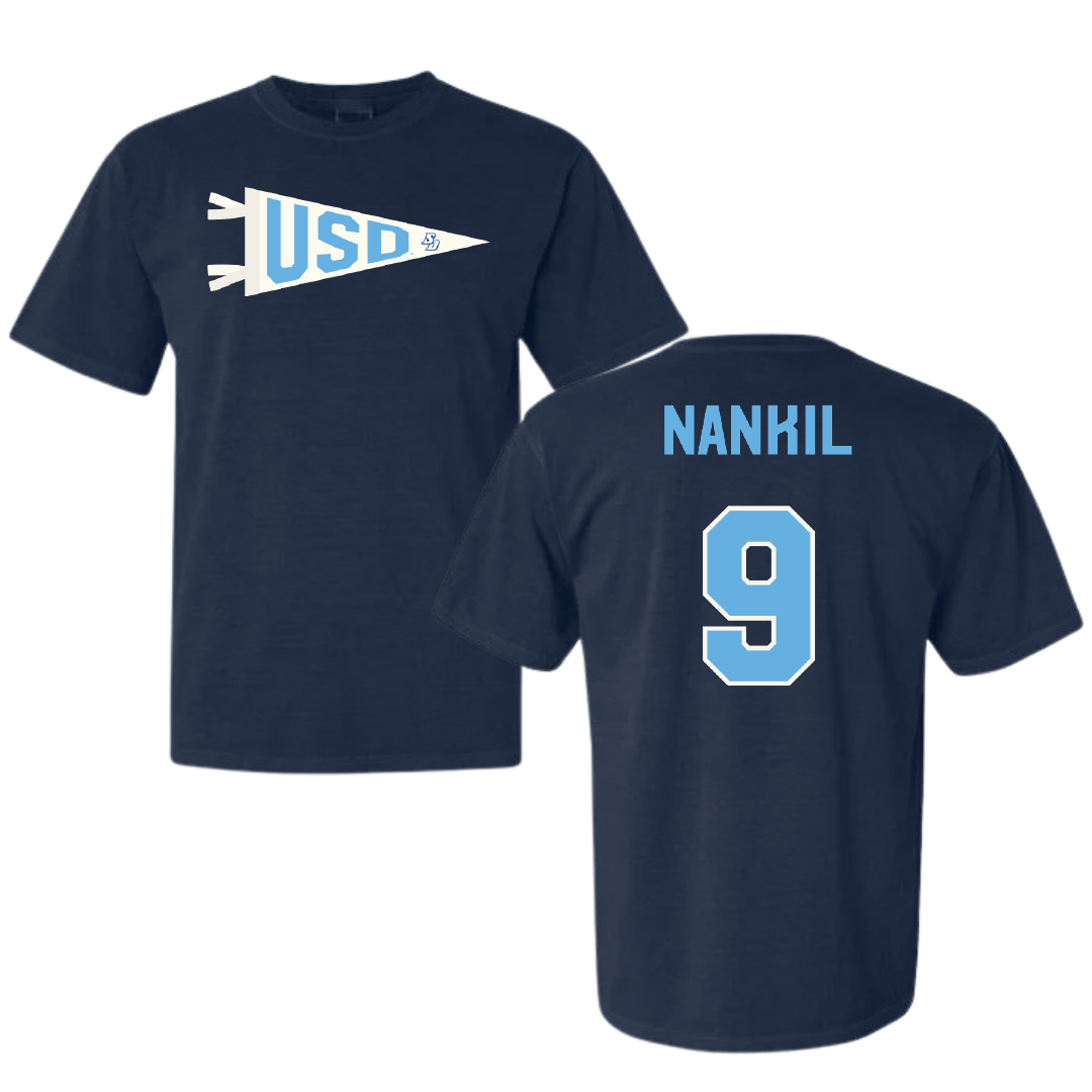 University of San Diego Football Navy Pennant Comfort Colors Tee - #9 Dom Nankil