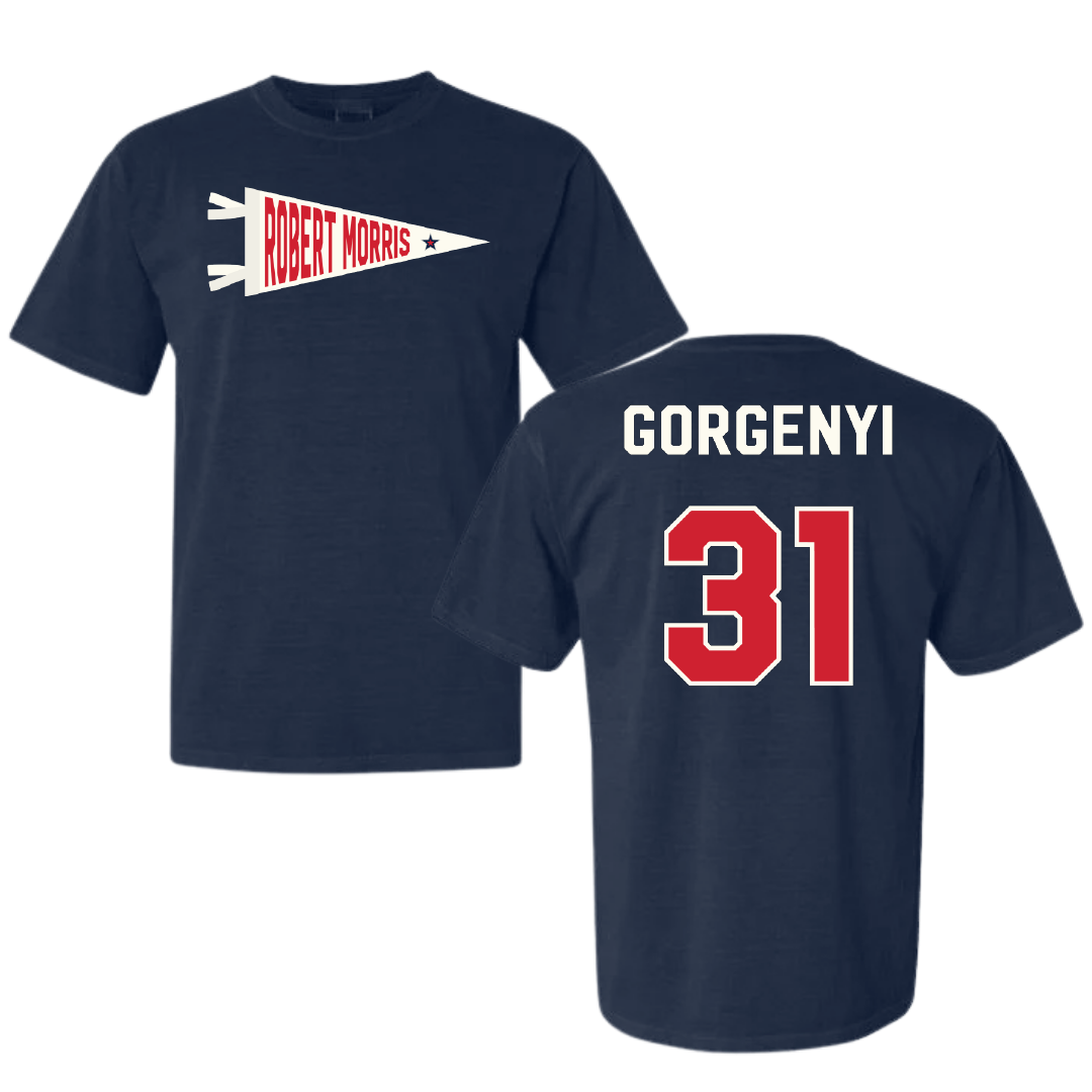 Robert Morris University Soccer Navy Pennant Comfort Colors Tee - #31 Kieran Gorgenyi