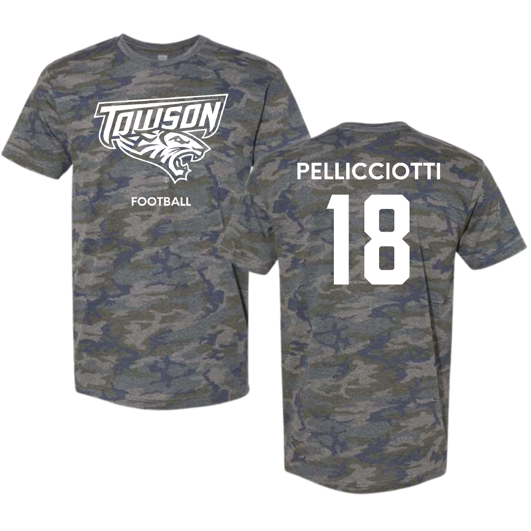 Towson University Football Vintage Camo Tee - #18 Jack Pellicciotti