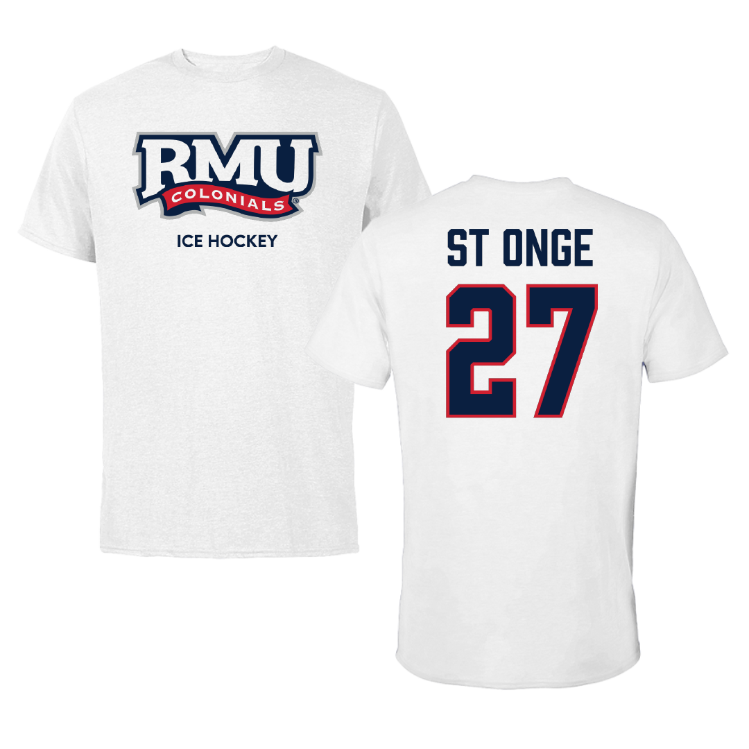 Robert Morris University Ice Hockey (M) White Performance Tee - #27 Rylee St Onge
