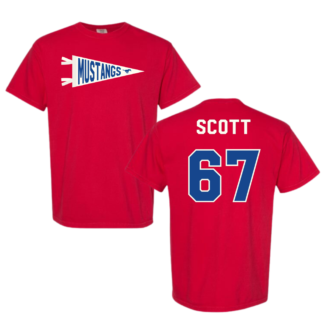 Southern Methodist University Football Red Pennant Comfort Colors Tee - #67 Sean Scott