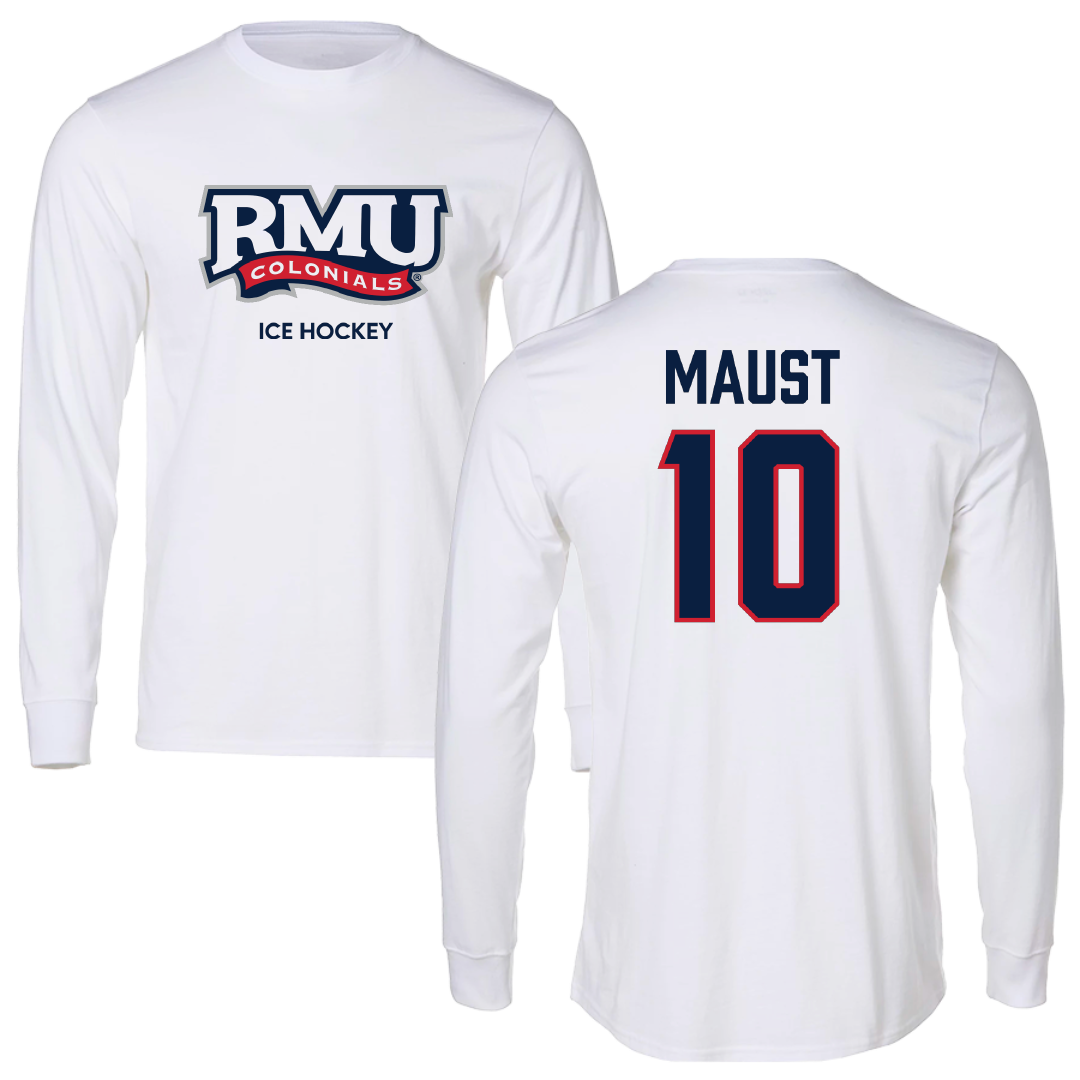 Robert Morris University Ice Hockey (M) White Mascot Long Sleeve - #10 Paul Maust