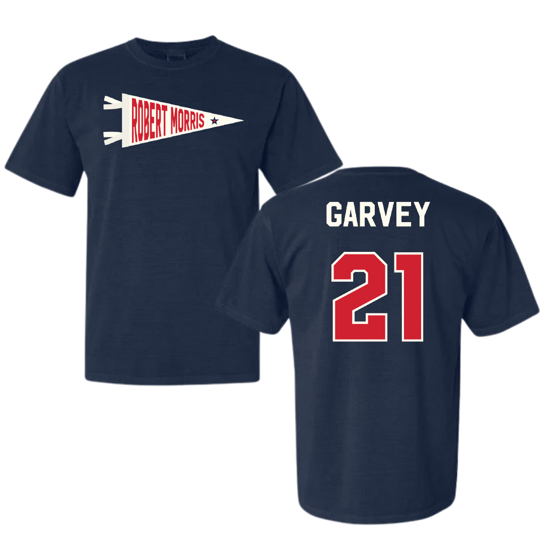 Robert Morris University Ice Hockey Navy Pennant Comfort Colors Tee - #21 Cameron Garvey