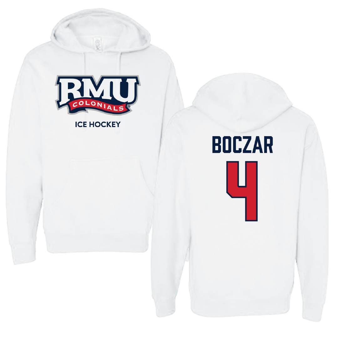 Robert Morris University Ice Hockey (M) White Colonials Hoodie - #4 Matt Boczar