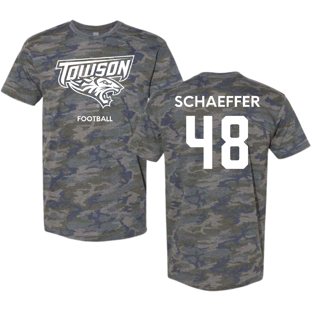 Towson University Football Vintage Camo Tee - #48 CJ Schaeffer