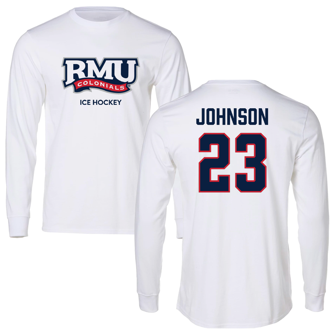 Robert Morris University Ice Hockey (M) White Mascot Performance Long Sleeve - #23 Luke Johnson