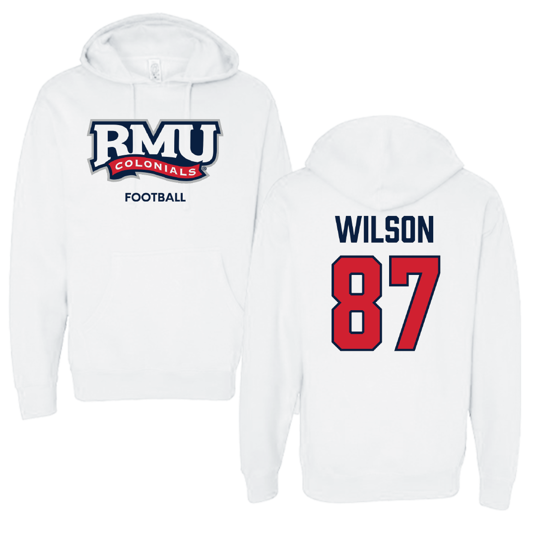 Robert Morris University Football White Colonials Hoodie - #87 Trevor Wilson