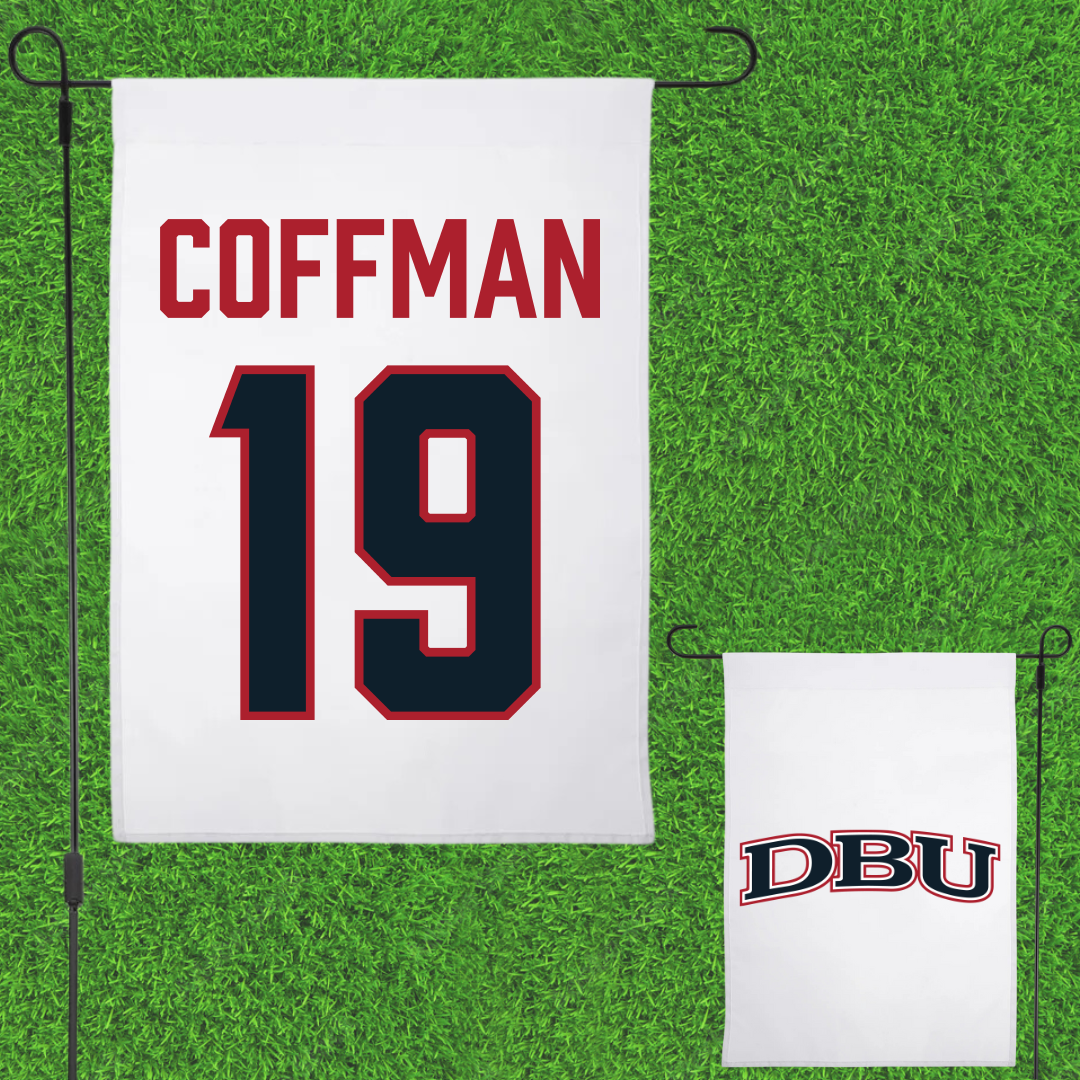 Dallas Baptist University Soccer White Garden Flag - #19 Kylar Coffman