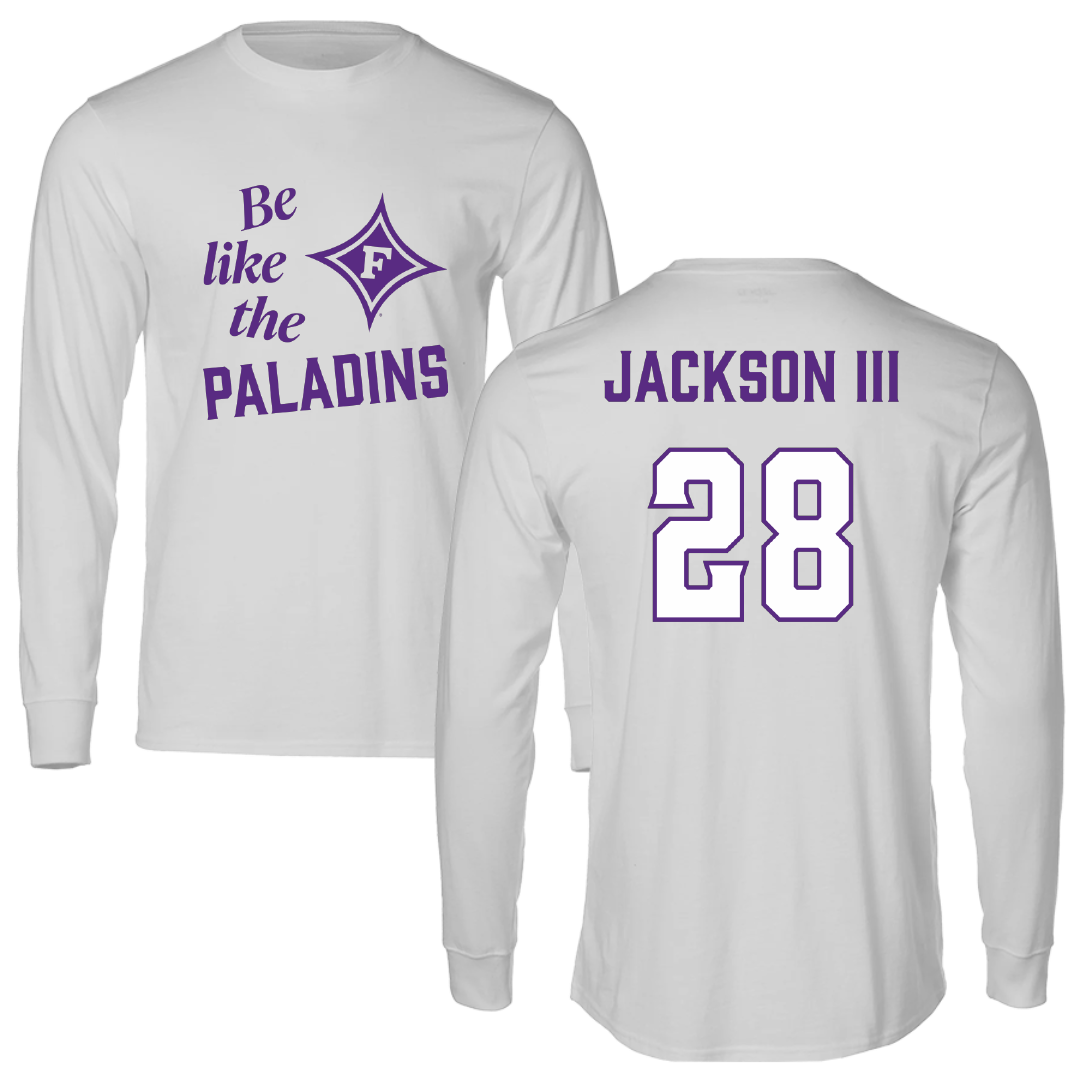 Furman University Football Light Gray Be Like Us Performance Long Sleeve - #28 Eddie Jackson III